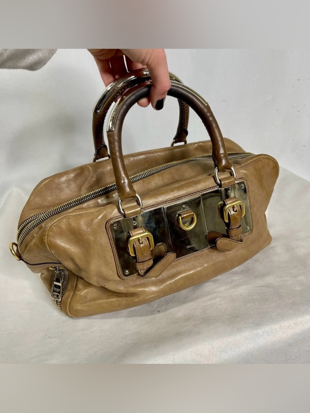 Prada Vintage Tan Leather Handbag With Gold/Brass Padlock Hardware - Picture 3 of 10